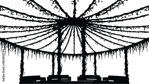 Whimsical garden pavilion adorned with festive string lights and hanging vines