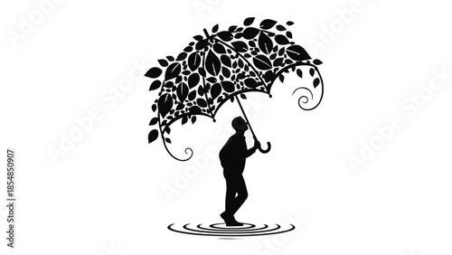 Silhouette of a person holding an umbrella adorned with leaves, offering protection and natural beauty.