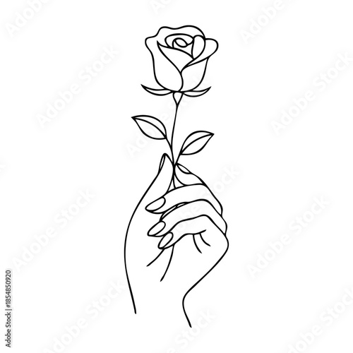 Dibujo sencillo con líneas de una mano sujetando una rosa con tallo y hojas	