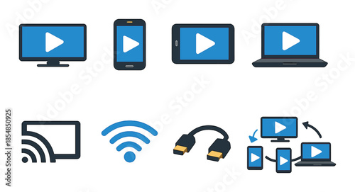 Streaming icons: display devices and wireless connectivity illustrated