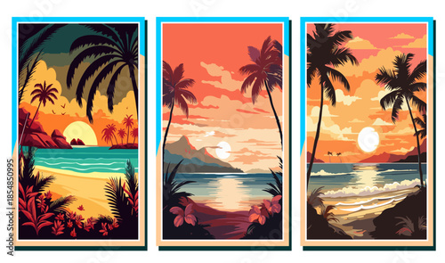 Tropical beach sunset banners with palm trees and ocean waves. Vibrant summer landscape illustration with sun reflecting on water for travel posters and mobile wallpapers