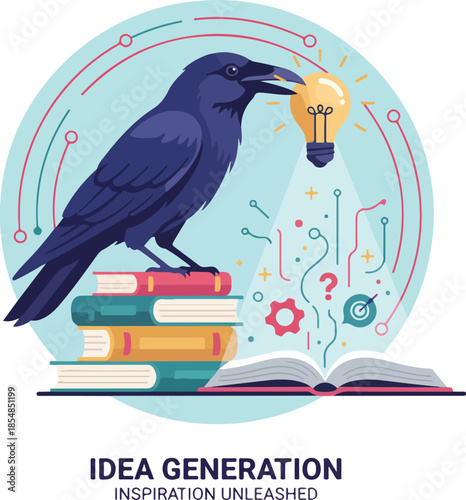 Raven Perched on Books with Light Bulb Idea Generation Concept.