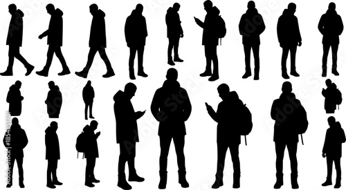 A comprehensive collection of black silhouettes featuring a young man in casual winter attire, captured in various walking and standing poses.