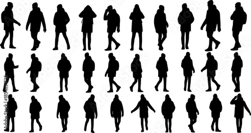 A comprehensive collection of black silhouettes featuring a young man in casual winter attire, captured in various walking and standing poses.