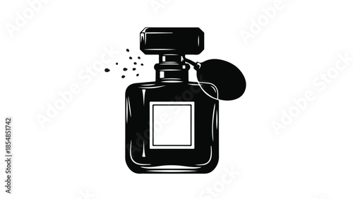 Elegant black perfume bottle with a spray of fragrance