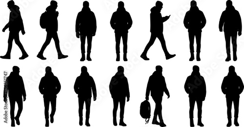 A comprehensive collection of black silhouettes featuring a young man in casual winter attire, captured in various walking and standing poses.