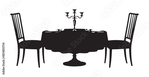 Elegant dinner table setting with two chairs and candelabra silhouette vector isolated on white