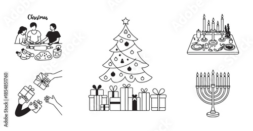 Christmas and hanukkah celebrations icon set with family holiday tree menorah and gifts