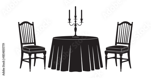 Dining table set with two chairs and candelabra silhouette against white background