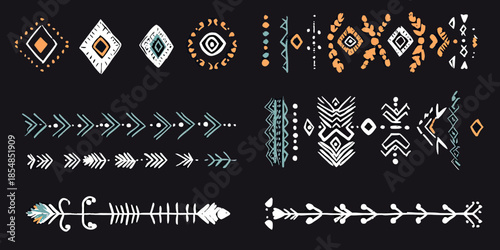 Hand drawn tribal ethnic arrow and geometric border patterns set in white, orange, teal on black background, folk art vector design collection for boho decoration and ethnic style
