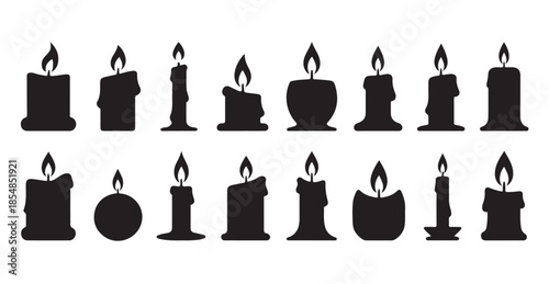 Set of black candle silhouettes with flickering flames for mystical or memorial decoration