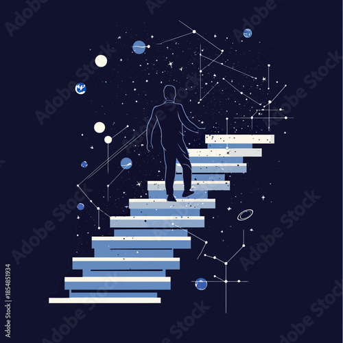 Silhouette of man climbing floating stairs surrounded by stars planets and constellation patterns representing cosmic journey and aspiration concept in dark space background