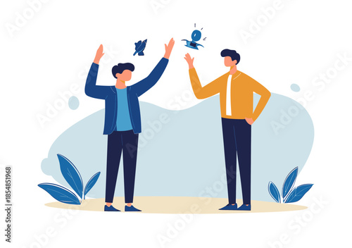 Two men competing with gestures showing winner and loser in flat minimalist style social comparison and motivation concept illustration