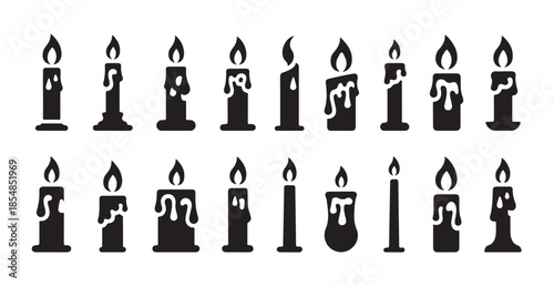 Dripping wax candle silhouettes with burning flames set for gothic or halloween decoration