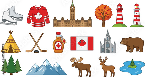 Canada themed illustration set featuring national symbols, wildlife, landmarks, winter sports and cultural icons, colorful flat design isolated on white background
