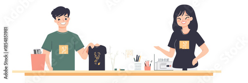 Male and female graphic designers printing custom t shirt designs with happy expressions in modern flat vector style illustration