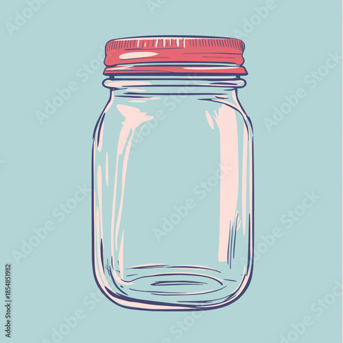 Hand drawn vintage glass mason jar with red lid in minimalist flat vector style isolated on blue background illustration for packaging or kitchen design concept