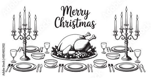 Christmas dinner table with roasted turkey and candelabras merry christmas text elegant script font