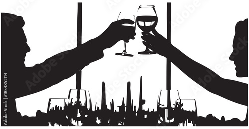 Couple making a toast with wine glasses at formal dinner table silhouette of romantic celebration