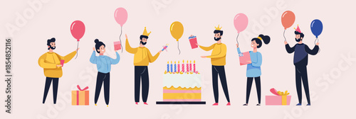 Group of diverse young people celebrating birthday party with balloons, cake, gifts, and festive hats in flat minimalist vector style illustration