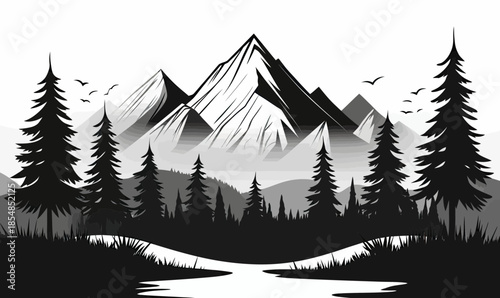 Monochrome silhouette mountain landscape with pine forest river and flying birds minimalist black and white vector illustration of nature outdoors scene