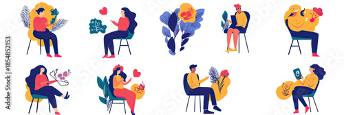 Flat minimalist vector illustrations mental health therapy concept characters coping with depression anxiety stress burnout and emotional support symbolic plants and hearts