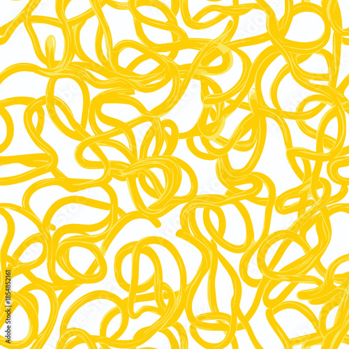 Seamless yellow noodle pasta pattern with curvy spaghetti shapes on white background for food and cooking design