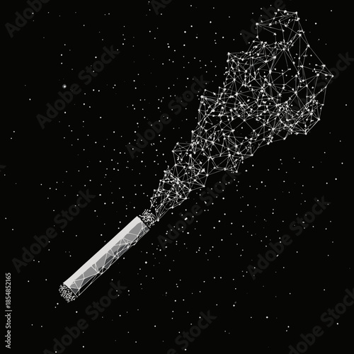Cigarette with polygonal wireframe smoke in starry space style low poly abstract digital smoking concept vector illustration on black background