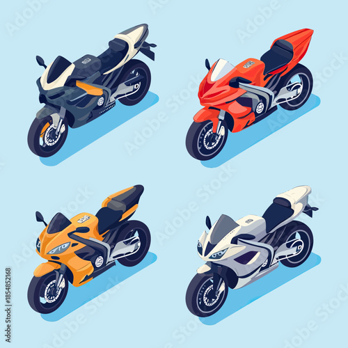 Isometric vector illustration of four colorful modern sport motorbikes isolated on light blue background in flat minimalist style with shadows and detailed design elements