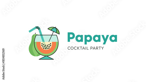 Papaya Cocktail Party Logo with Tropical Fruit Drink Glass and Umbrella Illustration