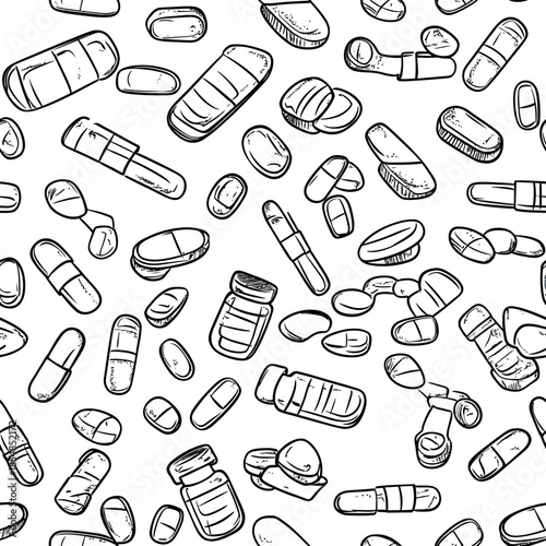 Seamless hand drawn vector pattern of various medicine pills capsules tablets and pill bottles in black and white sketch style for healthcare background design