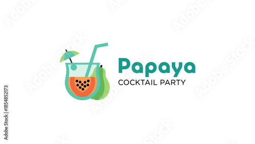 Papaya Cocktail Party Logo with Tropical Fruit Drink Glass and Umbrella Illustration