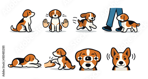 Cartoon beagle dog poses: sitting, walking, playing, sleeping, and interacting with owner
