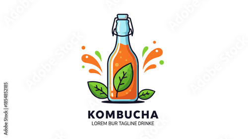 Minimalist Kombucha Glass Flip-Top Bottle Illustration with Orange Splash and Green Leaves