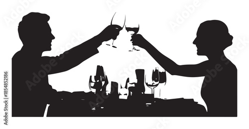 Couple toasting wine glasses silhouette at dinner table with food and candles romantic evening