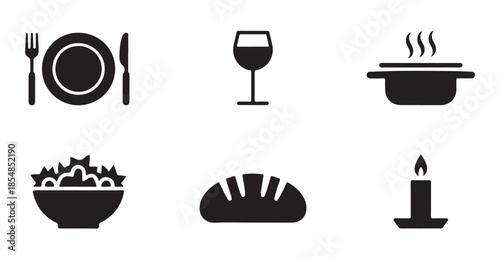 Collection of dinner icons including plate, fork, knife, wine glass, pot and candle