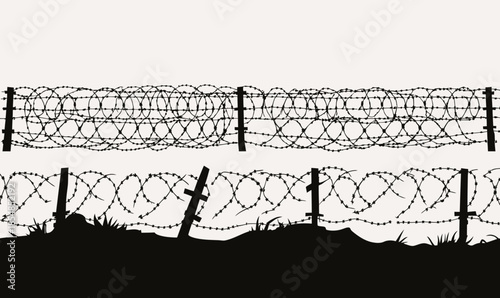 Silhouette of barbed wire fence with wooden stakes and uneven ground in minimalist black and white vector style security barrier concept image