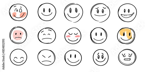 Hand drawn doodle emoji faces set with various emotions including happy, sad, smile, blushing, angry, and confused expressions in minimalist sketch style vector illustration