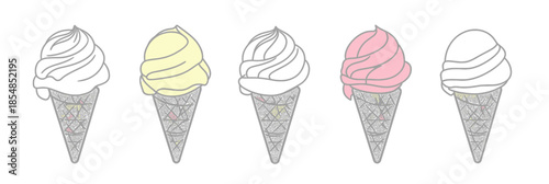 Minimalist line art ice cream cones with vanilla and strawberry scoops in waffle cones simple flat vector illustration set for dessert menu design and branding elements