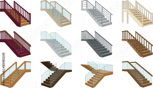 Staircase design illustration set showing modern wooden, metal and glass stairs with railings, interior architecture elements isolated on white background