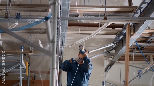 A Skilled Worker Operates Tools and Installs Equipment at a Construction Site, Demonstrating Precision in a Complex Ceiling Framework.