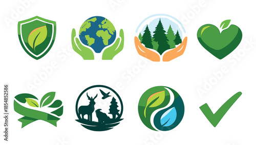 Eco-friendly icons featuring nature and sustainability symbols in green tones