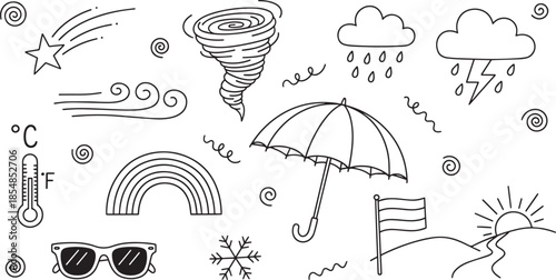 Weather related hand drawn line art icons, symbols on transparent