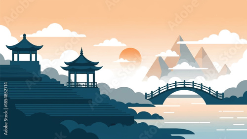 Serene landscape with pagoda, bridge, and mountains at sunset