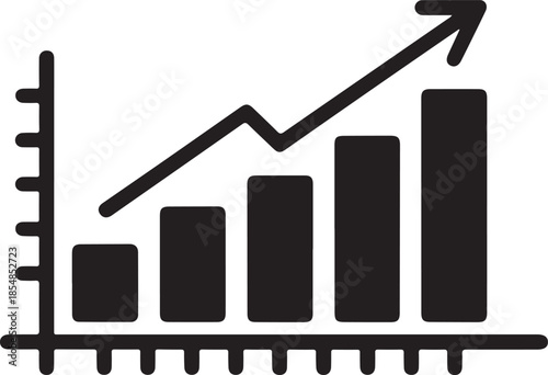 Black bar graph with upward trending arrow and axis lines bar chart rising arrow