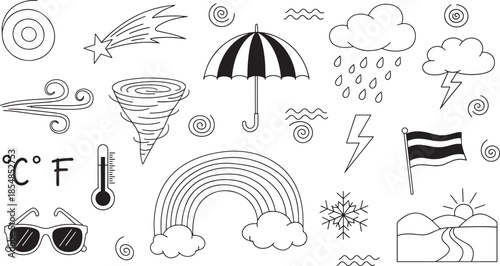Collection of weather related hand drawn line art icons and symbols