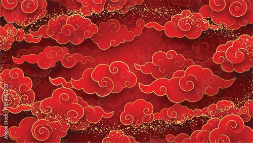 Vibrant red clouds with golden swirls pattern