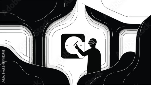 Person in VR headset interacts with a digital clock, exploring future technology.