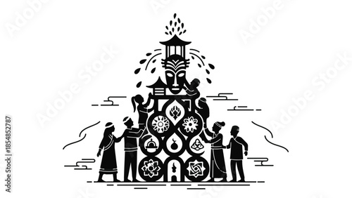 Diverse people unite to build a vibrant, symbolic tower representing cultural harmony and shared progress.