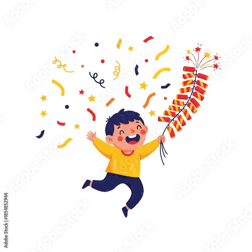 A young boy jumping with joy while holding a bundle of colorful confetti and streamers in a celebratory atmosphere